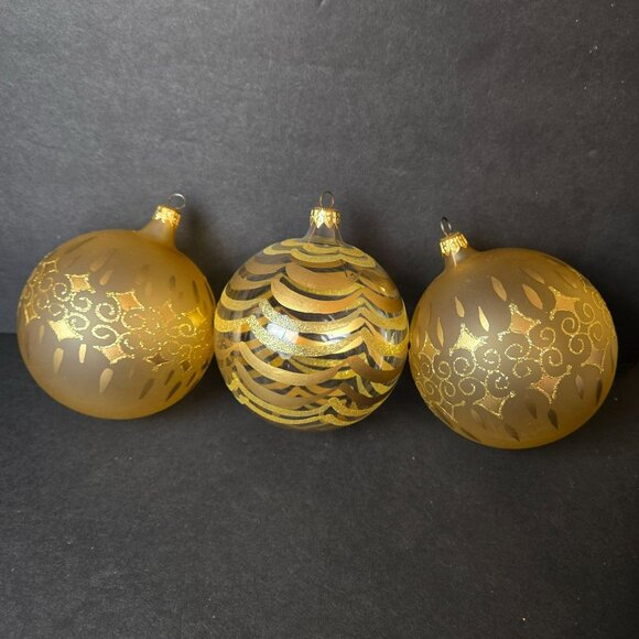 Gold Glass Christmas Ornaments Set of 3 Hand Painted Glitter 4" Holiday Decor - Picture 1 of 9